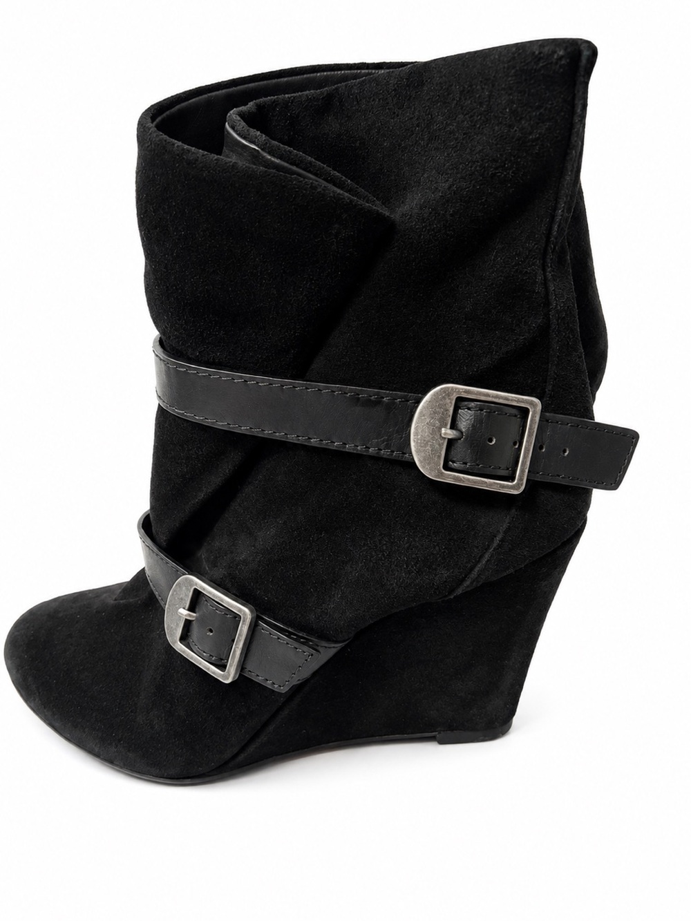 Via Spiga Black Suede Wedge Ankle Booties with Buckle Straps Made in Italy